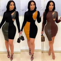 skmy women clothing fashion sexy bodycon dress pu leather stitching hollow out lace up mini dress party clubwear 2022 spring new