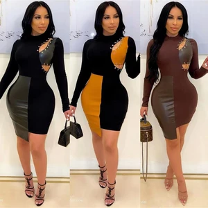 Skmy Women Clothing Fashion Sexy Bodycon Dress Pu Leather Stitching Hollow Out Lace-Up Mini Dress Pa