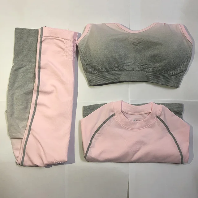Pink 3Pcs Set Спортивный бесшовный комплект, женский спортивный костюм, спортивная одежда для тренировок, короткий топ с длинными рукавами+ сексуальный спортивный бюстгальтер+ высокая талия, костюм для фитнеса - Цвет: Pink 3Pcs Set