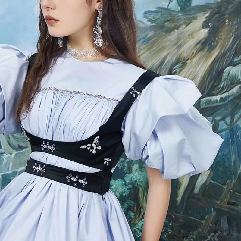 

VGH Sweet Blue Patchwork Diamond Dress For Women O Neck Puff Short Sleeve High Waist Hit Color Mini Dresses Female Clothing 2021