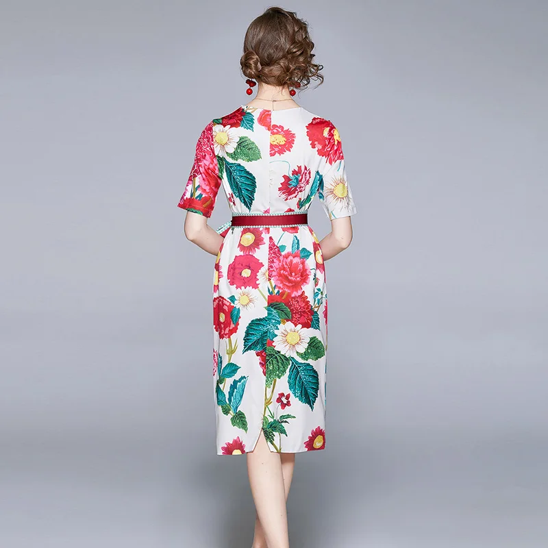 

Runway Fashion Women Short Sleeve Flower Print Summer Dress Elegant Lace Up Midi Straight Office Party Robe Femme Sweet Vestidos