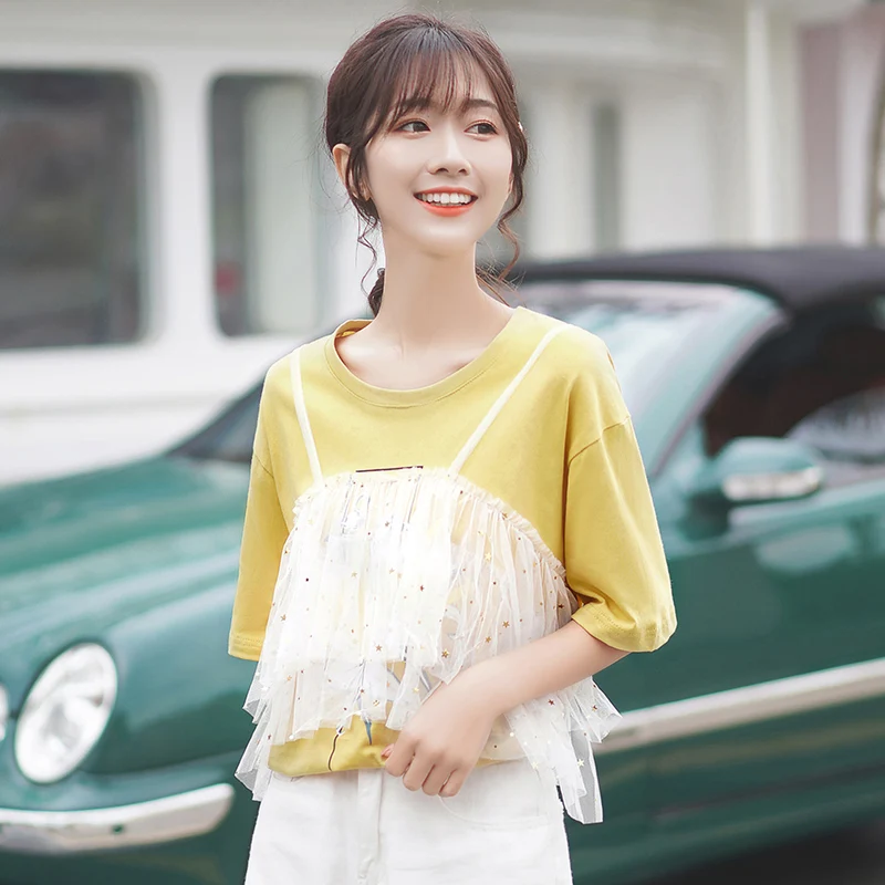 

Slim Khaki 2020 Trendy New Design Sense Stitching Fake Two-Piece Suspender Mesh T-shirt Women's Short-Sleeved Shirt Student