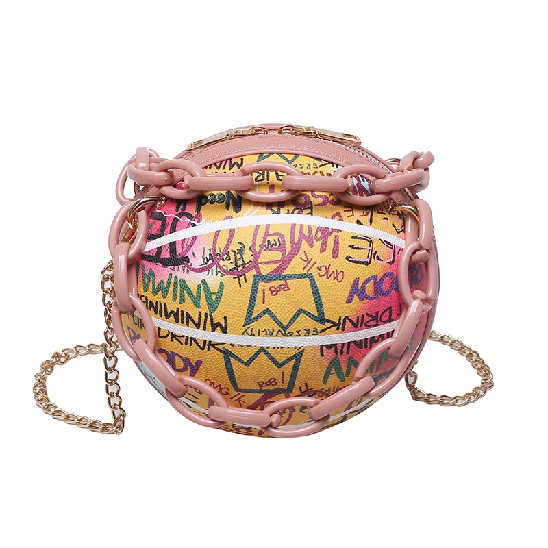 

Alphabet Graffiti Round Ball PU Leather Zipper Crossbody Bags for Women 2021 Fashion Chain Shoulder Handbags and Purses Lady