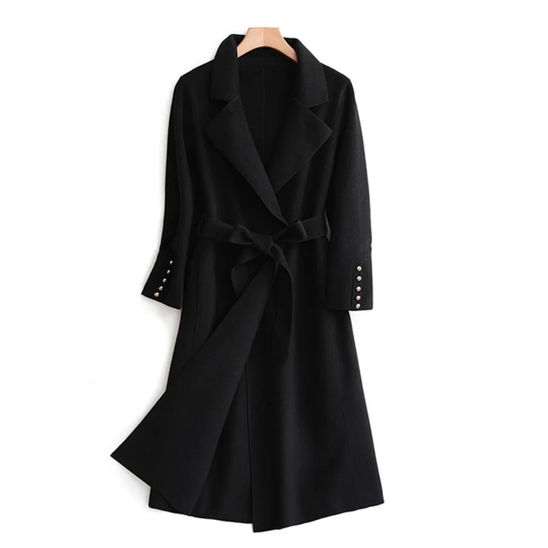 Женское шерстяное пальто однотонное Свободное с поясом Тонкий Повседневный
