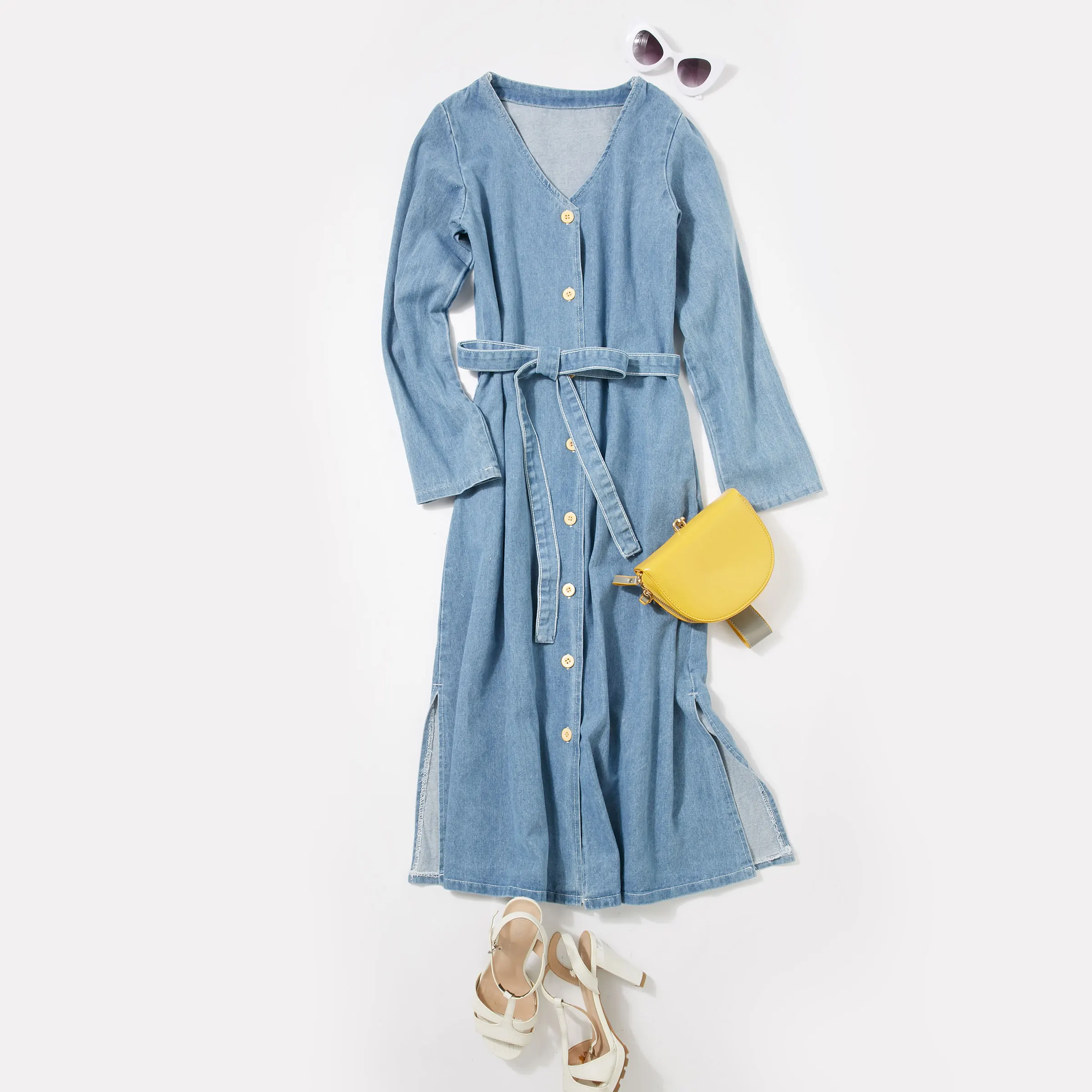 

Casual Women Denim Blue Dresses Belt Button Split Vogue Korean Female Summer Fashion Janpanes Robe Long Maxi Jeans Dress 2021