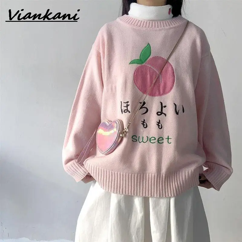 

Women pink turtleneck sweaters sweet cute Autumn plus size clothing women pullover knitwear sweater o-neck printed tops
