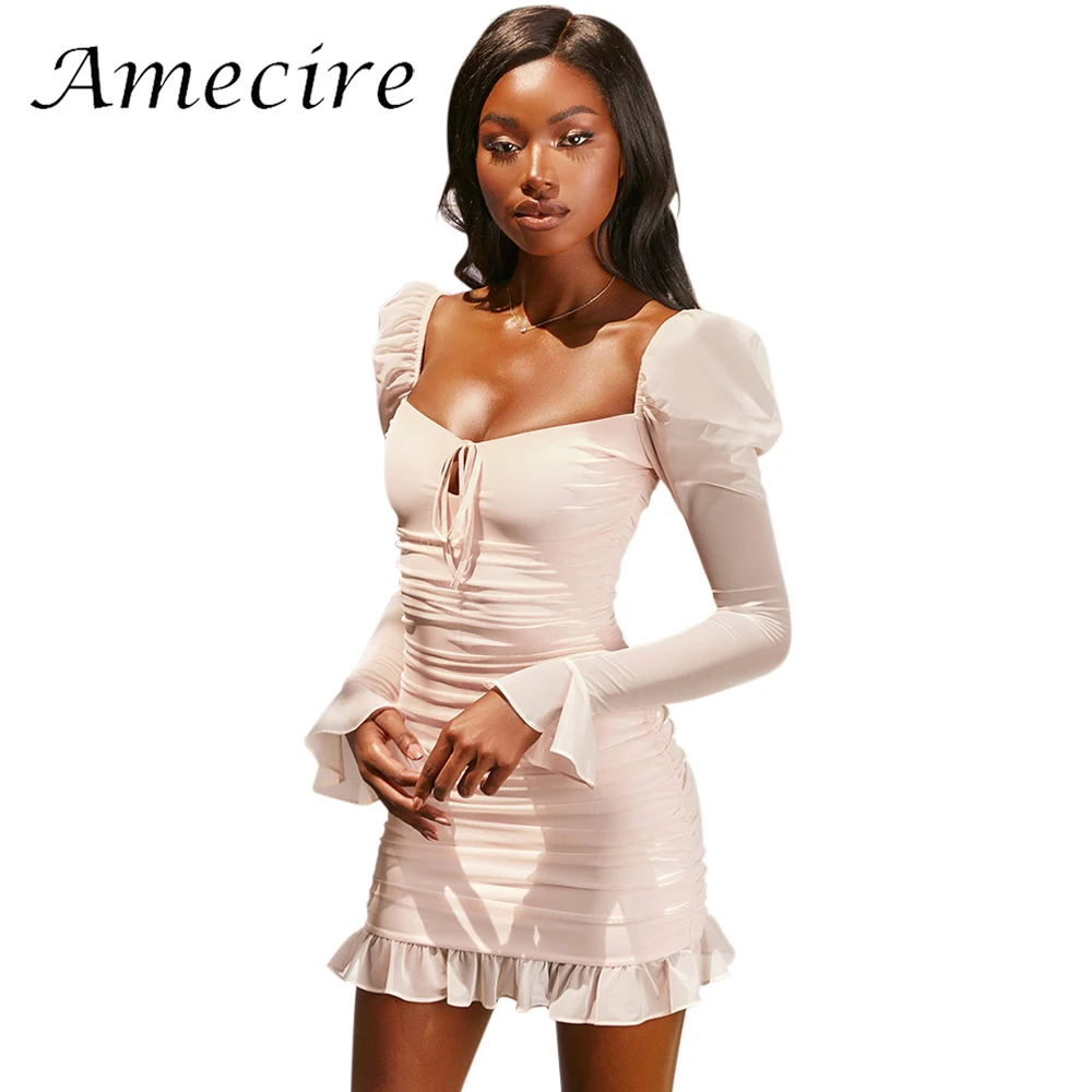 

Amecire New Lovely Sheer Mesh Long Sleeve Club Party Dress Elegant Square Neck Ruched Dress Date Outfits Ruffles Vestidos Cloth