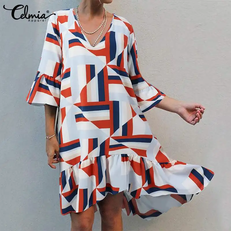 

Celmia Geometry Print Women Robes Casual Loose 3/4 Flared Sleeve A Line Party Midi Dress V Neck Ruffle Hem 2022 Vintage Vestidos