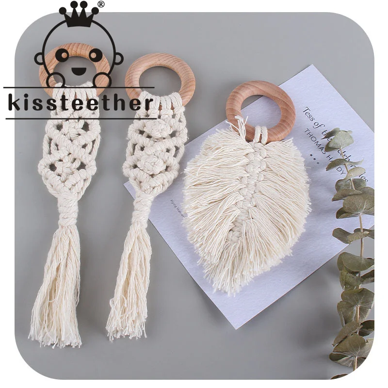 

Kissteether Baby Beech Wood Teether New Hand-Woven Cotton Rope Molar Stick Shape Pacifier Wooden Teether Newborn Feeding Gifts