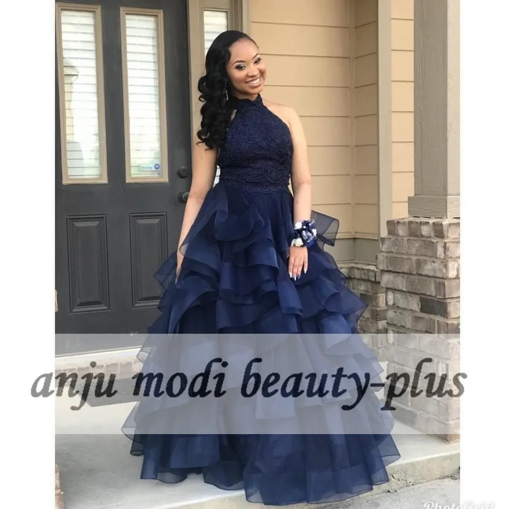 

Navy Blue Halter Puffy Prom Dresses Backless Lace Organza Formal Evening Party Ball Gown Robe De Soiree