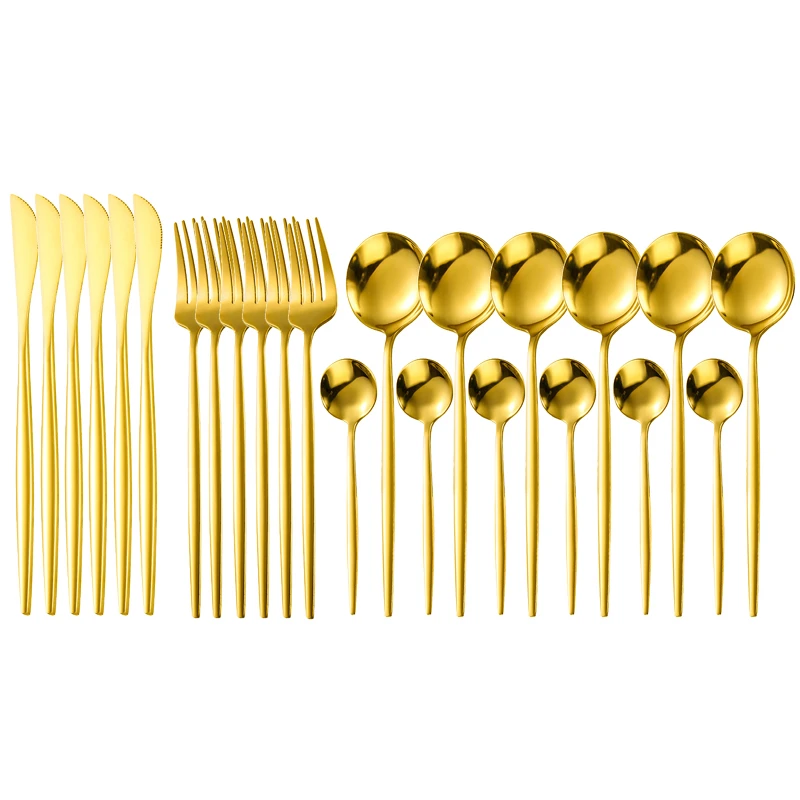 

24PCS Dinnerware Set 304 Stainless Steel Black Gold Cutlery Spoon Fork Knife Western Cutleri Silverware Tableware Set Supplies