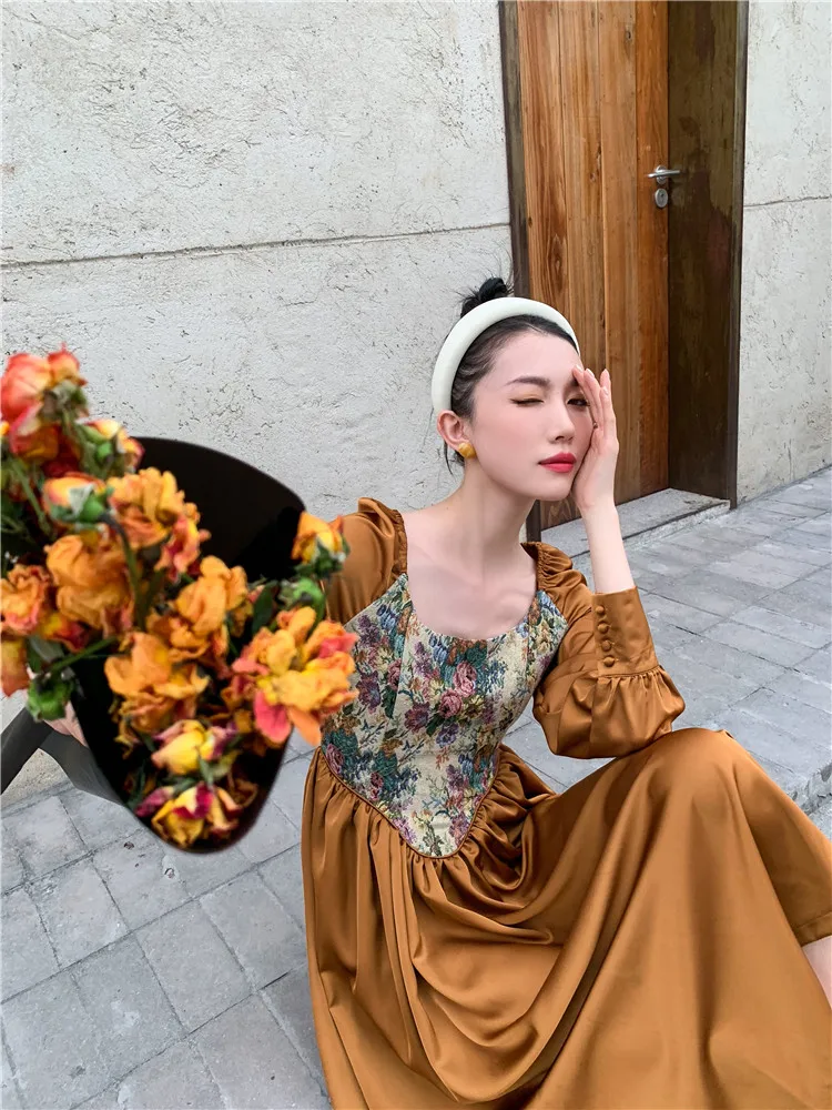 CHEERART Vintage Jacquard Long Sleeve Tunic Dress Women Autumn A Line Square Neck Floral Midi Ladies Gold | Женская одежда