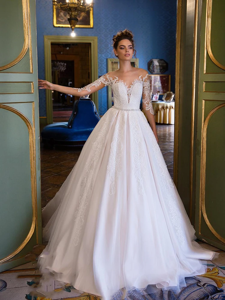 

YILIBER Lace wedding dress v-neck retro beautiful long sleeve bridal dresses sequins buttons fluffy skirt big skirt