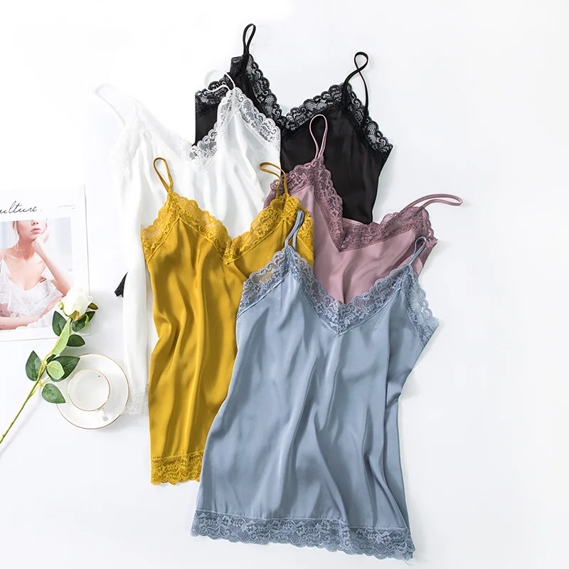 2PCS Pajamas Suit Women Satin Silky Sleep Set Lace Patchwork Nightwear Intimate Lingerie Casual Home Clothes Strap Top&Shorts