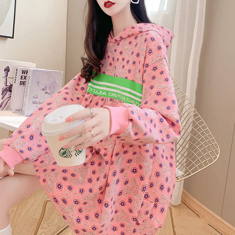 

Japanese small fresh floral hoodie lady sweet lovely medium length dress spring 2022 loose top