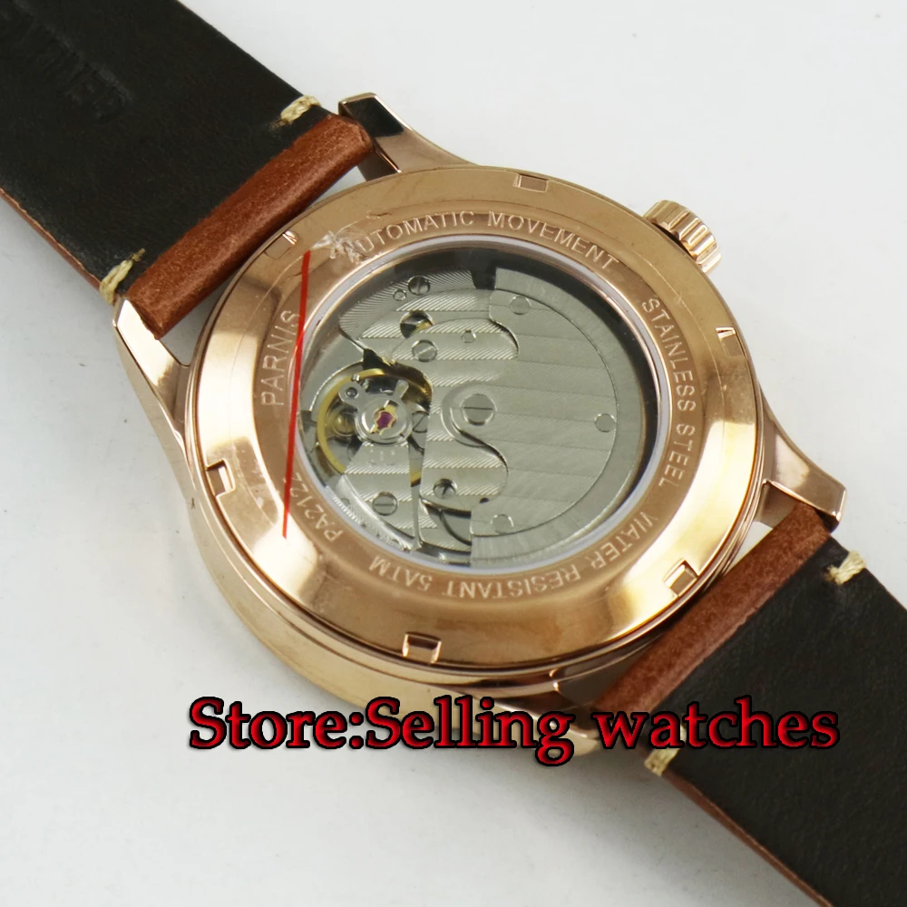 

42mm Parnis 0ff- White dial stainless steel Rose gold Case Complete Calendar Sea gull Automatic movement Men's Watch