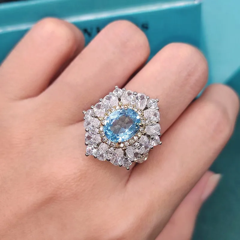 

925 Silver Luxury Oval Aquamarine Flower Shaped Gemstone Vintage Ring Wedding Engagement Jewelry Women Ring Jewelry