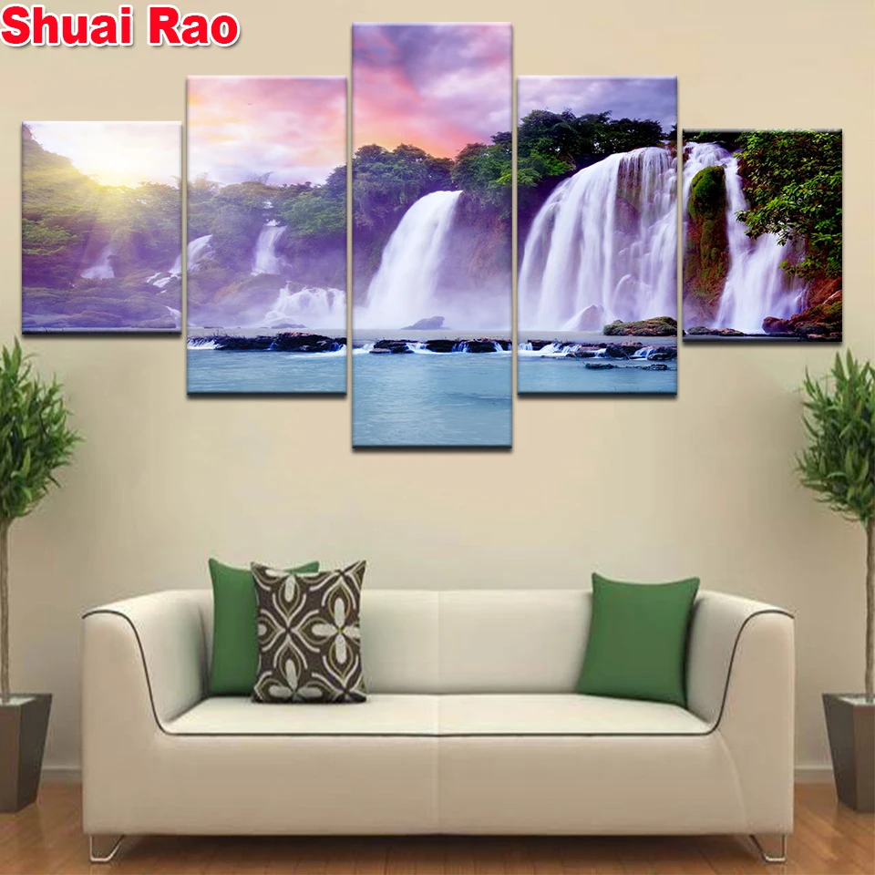 

full square/round diamond embroidery 5 Piece Waterfall landscape diamond painting 5d diy diamond mosaic living room decor