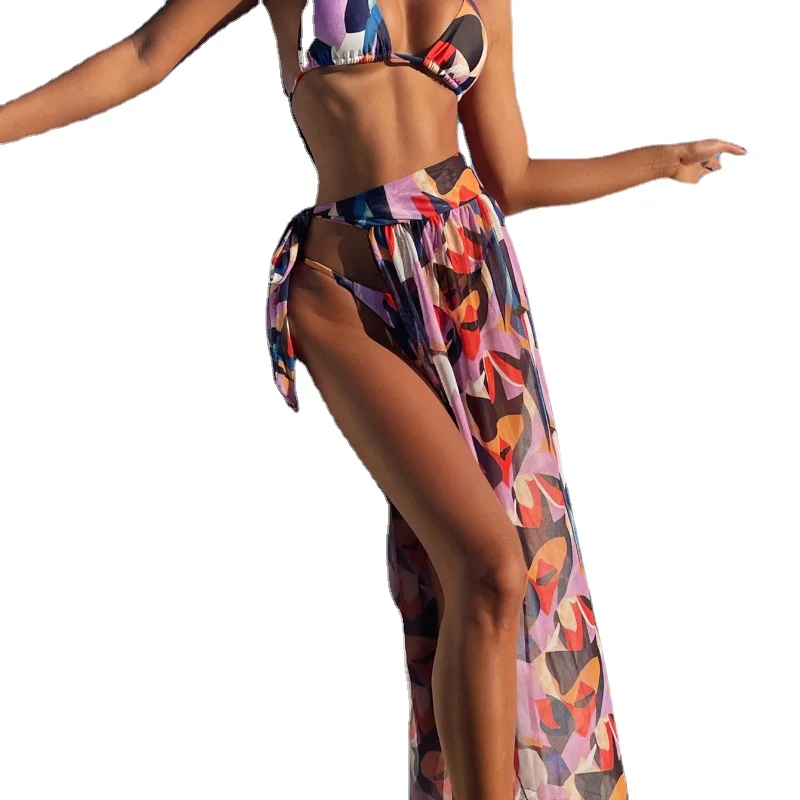 

New Cube Printed Halter Bikini Female Swimsuit Women Swimwear Three-Pieces Bikini set With Sarong Bather Bathing Suit Swim