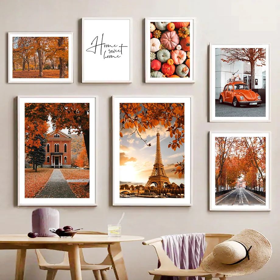 

Paris Tower Pumpkin Forest Leaf Car Autumn Nordic Posters And Prints Wall Art Canvas Painting Wall Picture For Living Room Decor