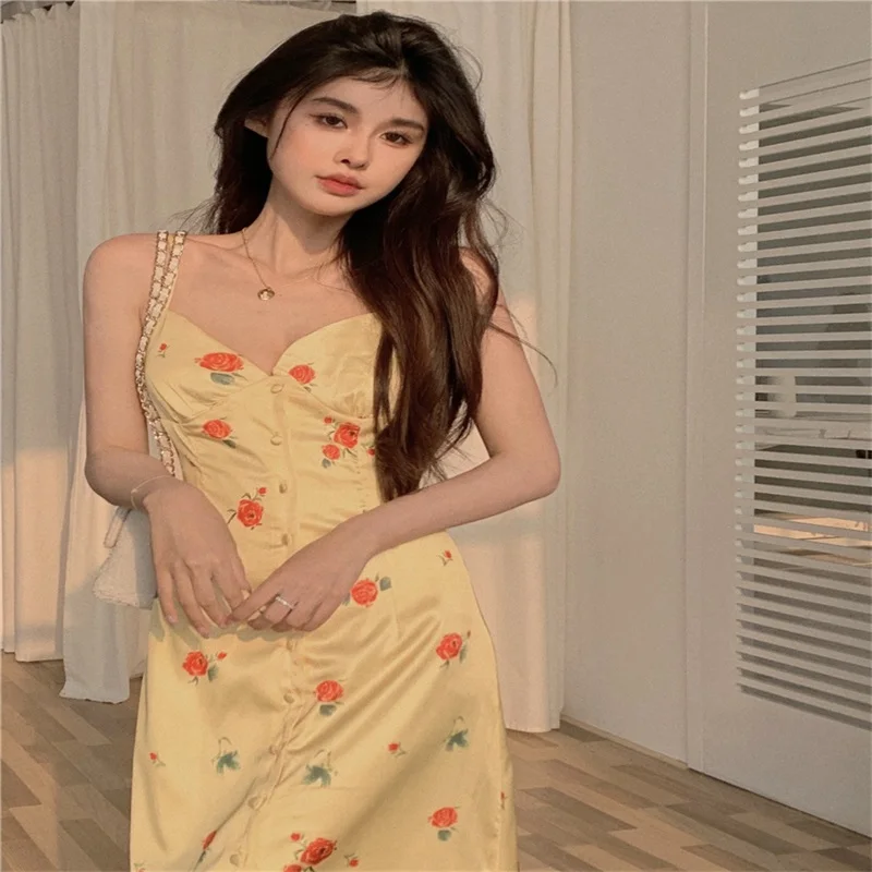 

Kawaii Spaghetti Strap Beach Style Woman Dresses Floral V Neck Sexy Backless A-Line Vestidos De Mujer Korean Vintage Robes Femme
