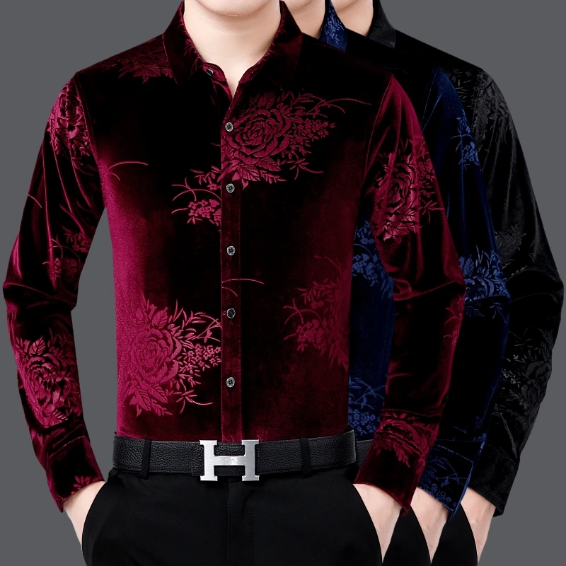 Новинка 2020 мужские бархатные рубашки Осенние плиссированные платья с длинными