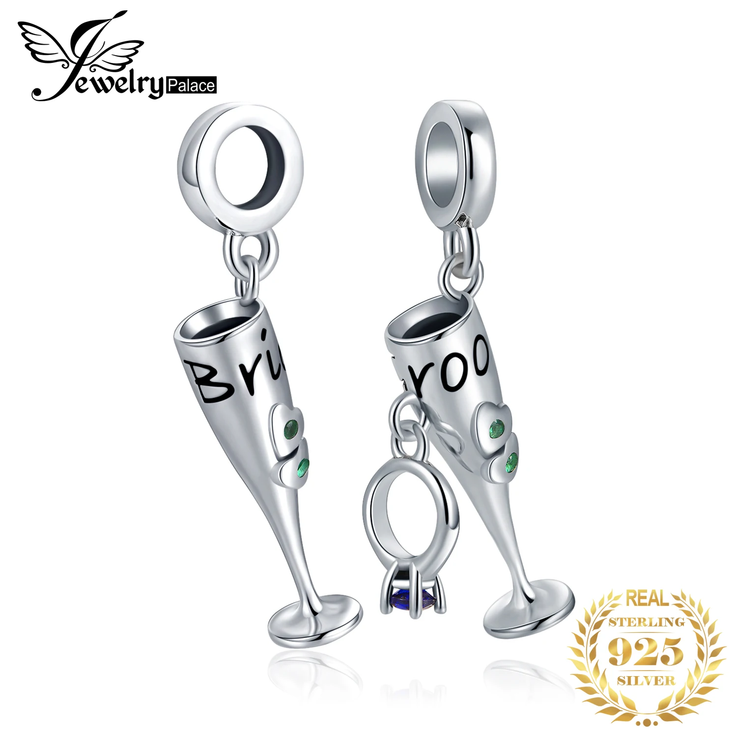 JewelryPalace 925 пробы серебро синий и зеленый кубический цирконий Жених и невеста Шампанское бутылки вина талисманы бисера Fit Браслет