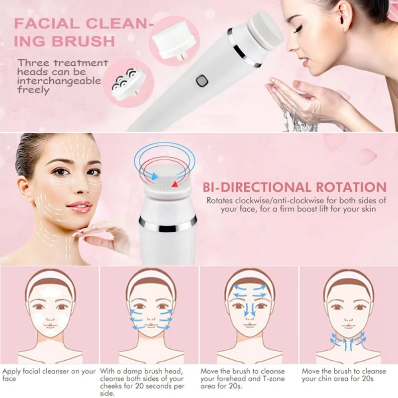 

Rechargeable Spin Face Brush Electric Waterproof Facial Wash Brush Set With 4 Heads Deep Cleansing