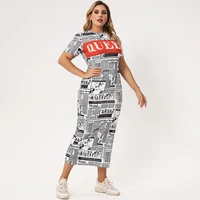 new summer dress women 2022 white o neck short sleeve slim maxi retro newspaper letter printing sports and casual long dresses