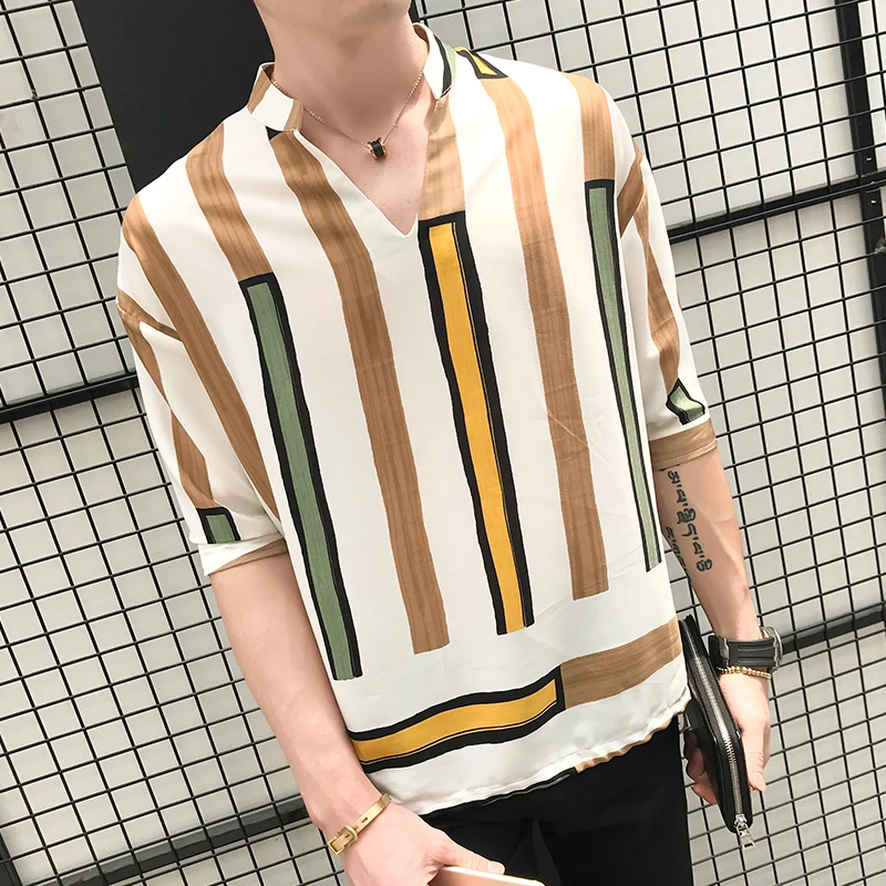 

Streetwear Fashion Shirt Men Striped Print Shirt Male Short Sleeve Casual Printing Shirt Camisetas Hombre Hawaiian Shirt