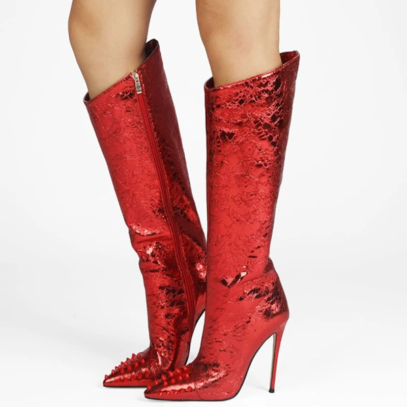 Women Boots Reflective Crack Leather Upper High Heel Boots Fashion Rivets Pointy Toe Plus Size 47