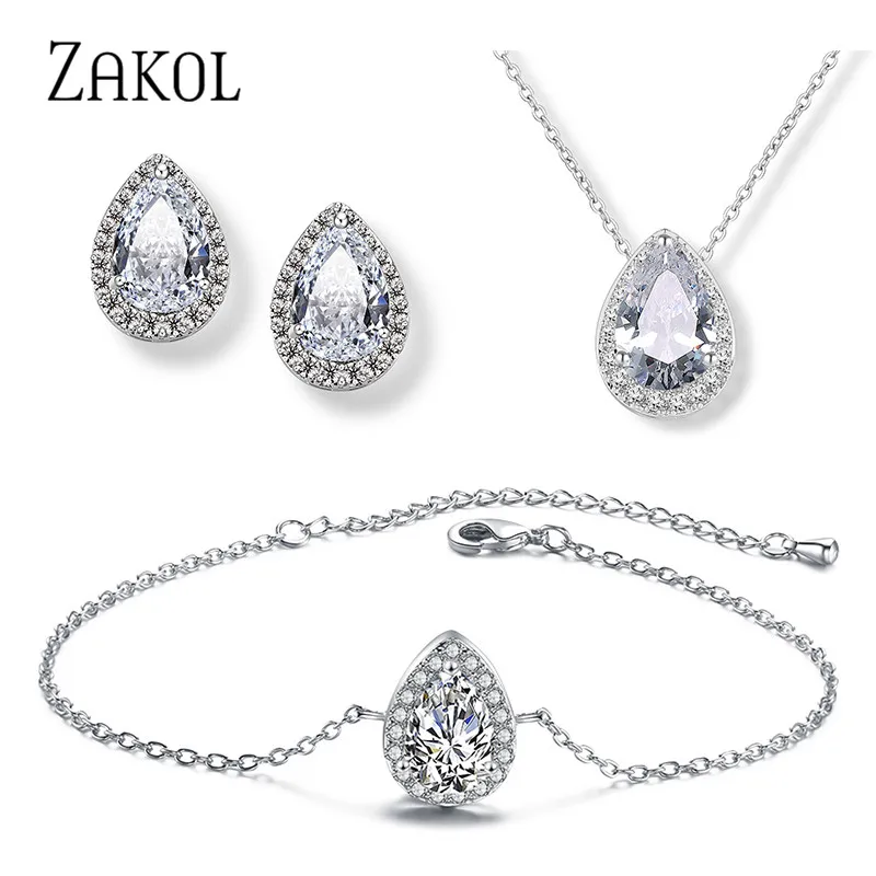ZAKOL Классические Прозрачные Серьги капли с фианитом браслет кулон набор