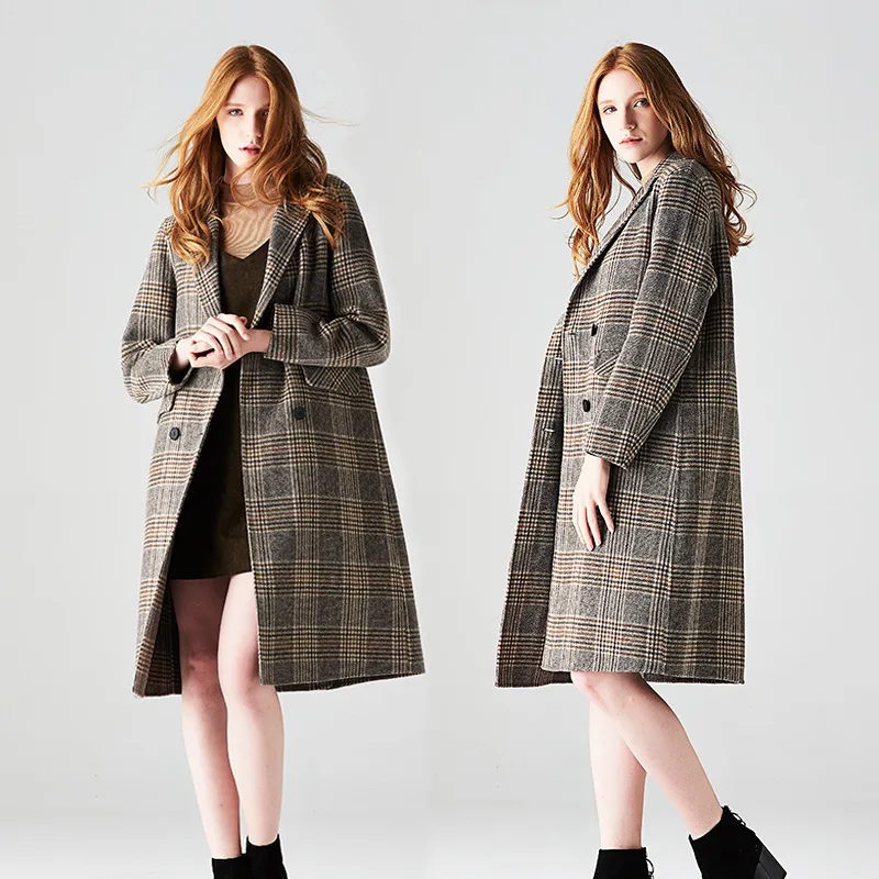 

long woolen blends cashmere coats for women 2019 autumn winter casual ladies jackets plus size double grey checked high quality
