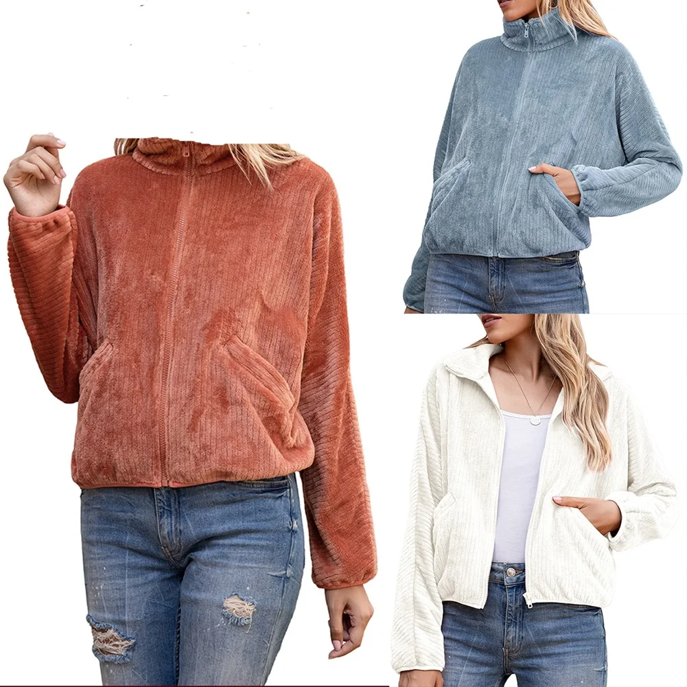 

Women Stand Collar Jacket with Zipper Access Pockets Simple Autumn Winter Coats Female Casual Slim Solid Jackets S-XL