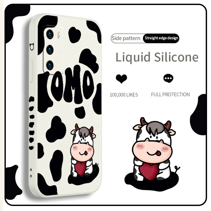 

Cartoon Cow Phone Case For Huawei P40 P40Lite P30 P20 Mate 40 40Pro 30 20 Pro Lite P Smart 2021 Y7a Liquid Silicone Cover
