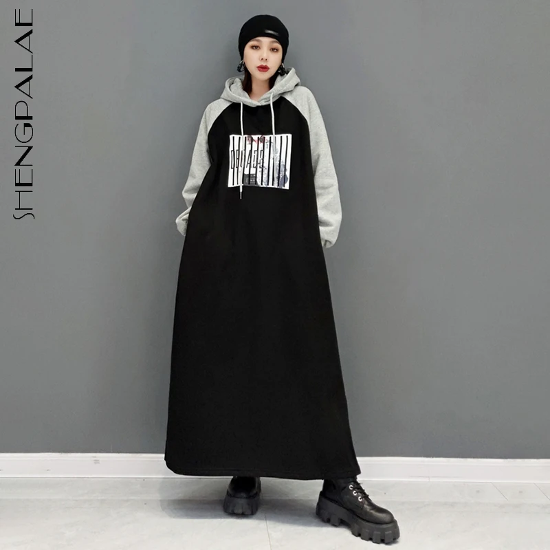 

SHENGPALAE Fashion Contrast Color Letter Plush Dress Women's Autumn 2021 New Hooded Loose Long Sleeve Mid-calf Dresses Female