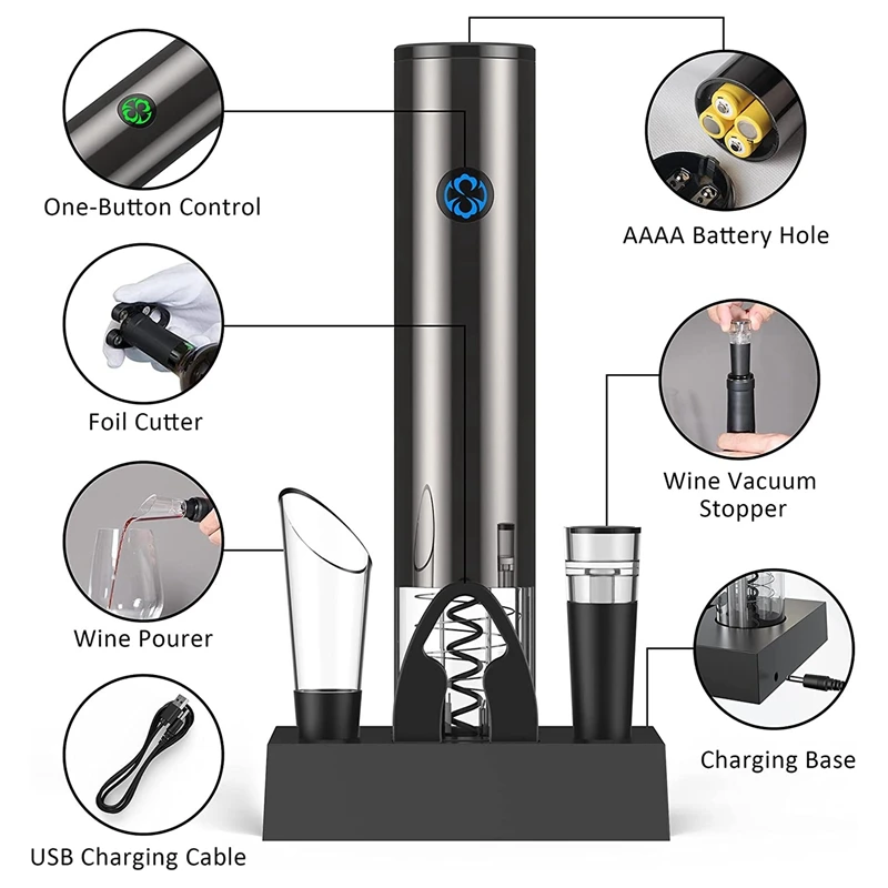 Electric Wine Opener 6 In 1 Set Automatic Electronic Bottle Rechargeable With Charging Base | Дом и сад