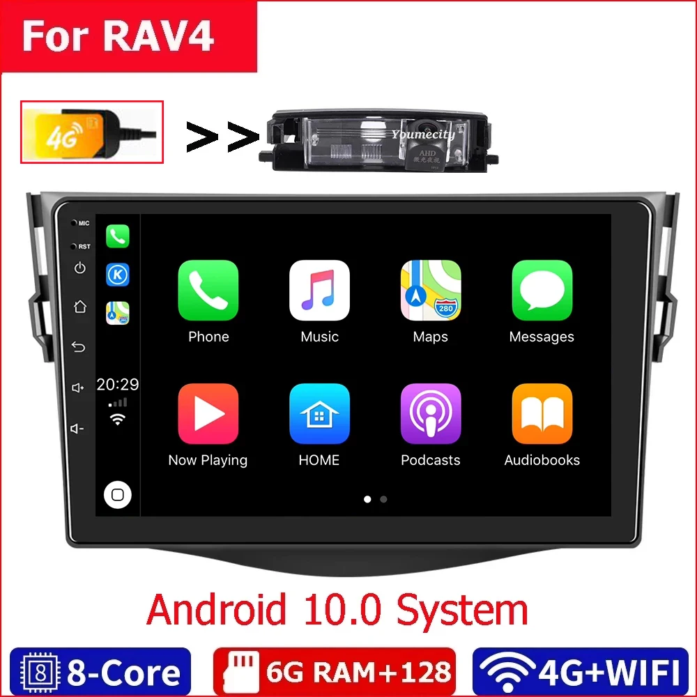 

6G Ram+128G Rom/Wifi+4G/2Din Car Radio Stereo Audio Tablet Android 10 Gps BT Video Player USB Carplay For Toyota RAV4 2006-2013