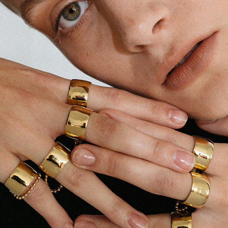 Трендовые золотые металлические гладкие кольца для женщин бусы цепочка широкое