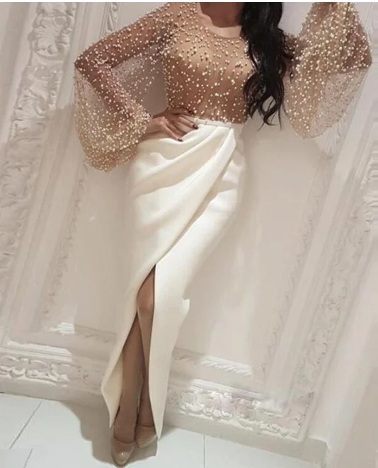 

2022 Autumn Women Elegant Formal Gown Maxi Dress Female Stylish Long Party Dress Beaded Embellished Mesh Patchwork Slit Dress