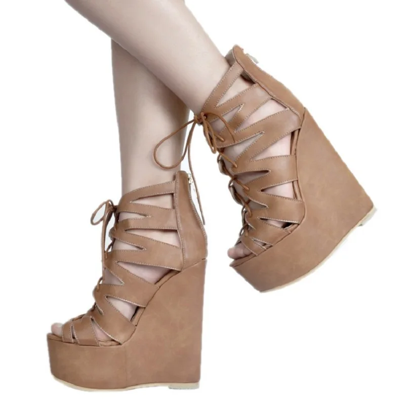 Женские босоножки на платформе коричневые сандалии танкетке с открытым носком