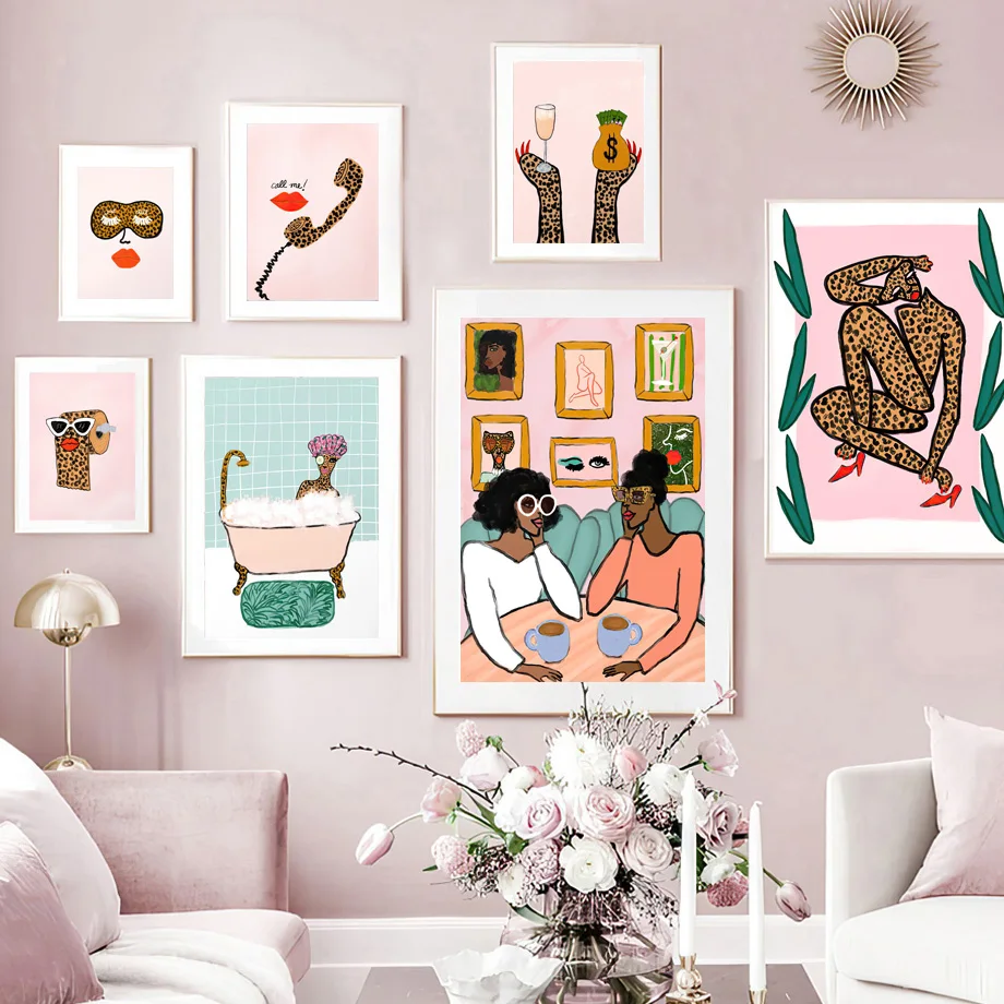 

Funny Abstract Leopard Print Lady Red Lips Canvas Painting Nordic Plant Roll Paper Bathtub Wall Art Poster Home Decor Bedroom