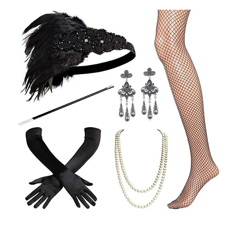 

1920s Suit The Great Gatsby Vintage Feather Party Suit Bachelor Party Headdress Necklace Gloves Cigarette Stick Suit