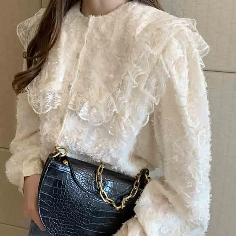 

2020 New Arrival Elegant Tops Women Shirt lace Stitching Lantern Sleeve Doll Collar Korean Style Loose Blouse Blusas clothes