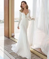 wedding dress mermaid backless bride gown chiffon appliques long sleeve deep v neck wedding dresses