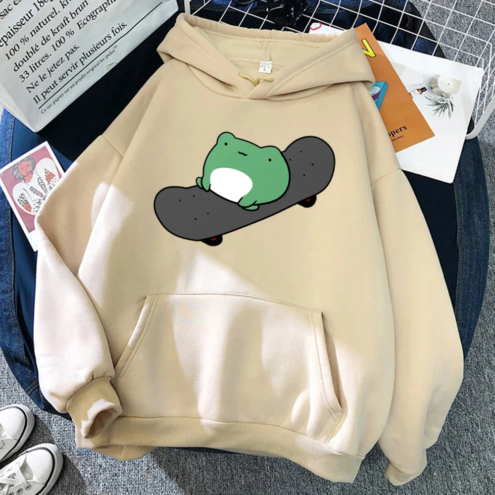

Womens Hoodie Cartoon Frog Play Skateboarding Printed Sweatshirt Women Loose Oversize Top Autumn Kawaii Animal Lady Long-Sleeved