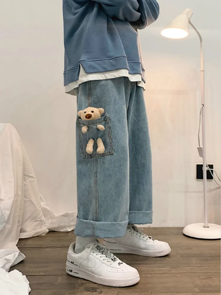 

New Insta-chic Hip Hop Streetwear Bear Jeans Men With Slim Waist And Wide-leg Pants For Boys In A Loose, All-around Straight Leg