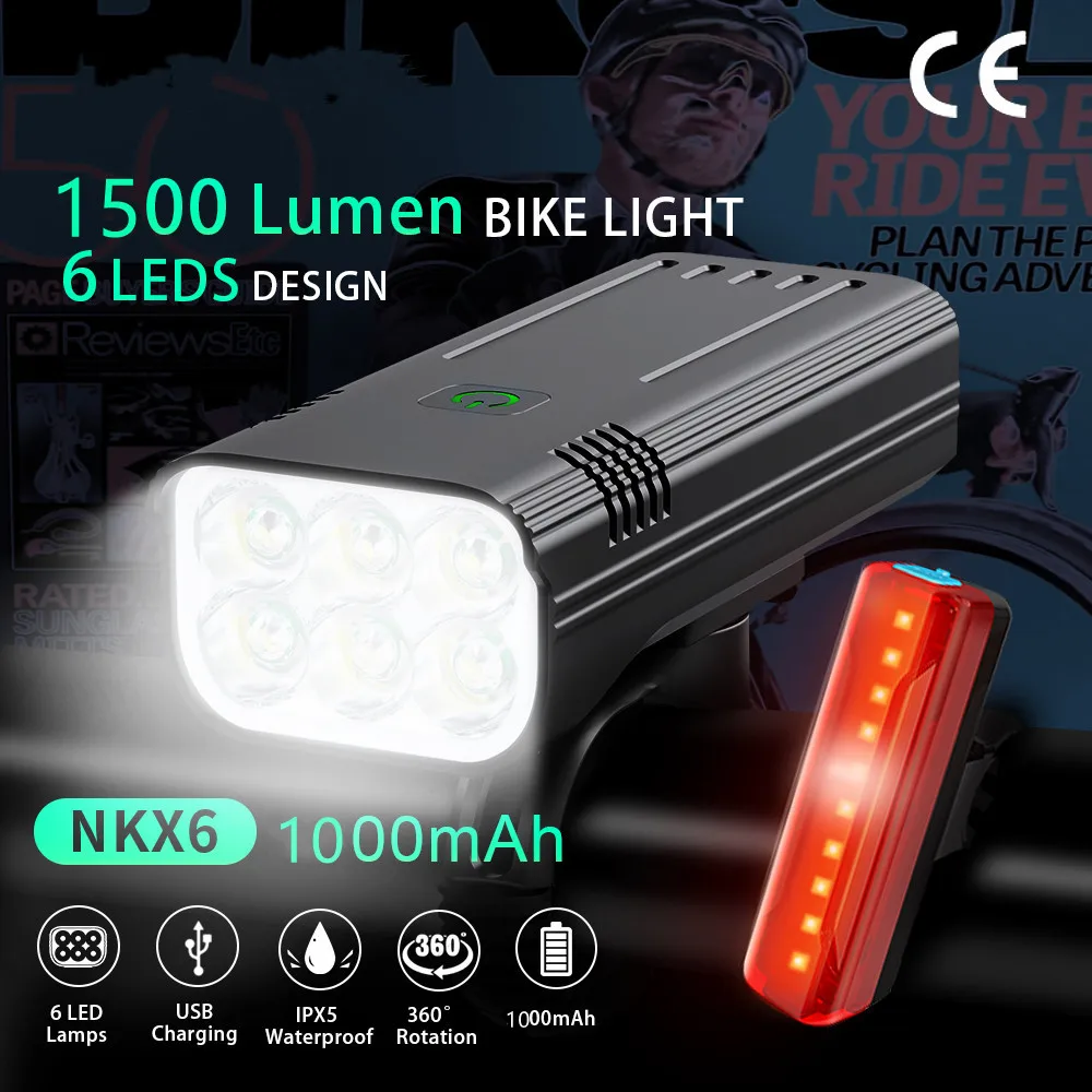 

1500 Lumens Super Bright 6 LED Bike Lights Front and Back,Powerful USB Rechargeable Waterproof Bicycle Headlight for Mountain