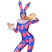 shining rhinestones decoration sequins mesh gauze bodysuit bunny style long sleeve party clothing club bodysuit for women