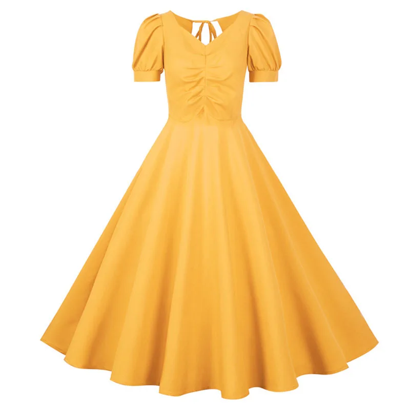 

Elegant Summer Party Dress Women Solid V neck Puff Sleeve Vintage A-Line Casual Sundress 2021 Fashion Ladies Outfits Robe Femme